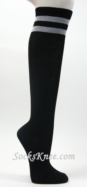 2 Light Grey Stripes Black Fashion Knee High Socks. - Click Image to Close