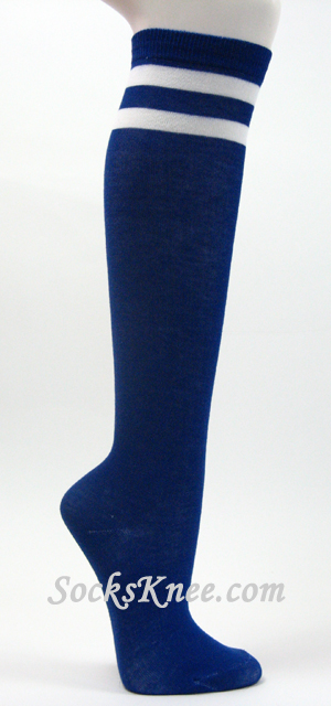 2 White Stripes Blue Fashion Knee High Socks
