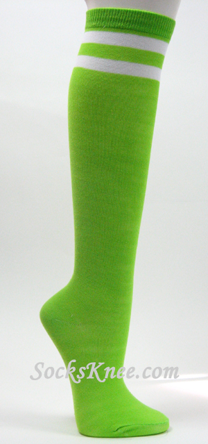 2 White Stripes Lime Green Fashion Knee High Socks