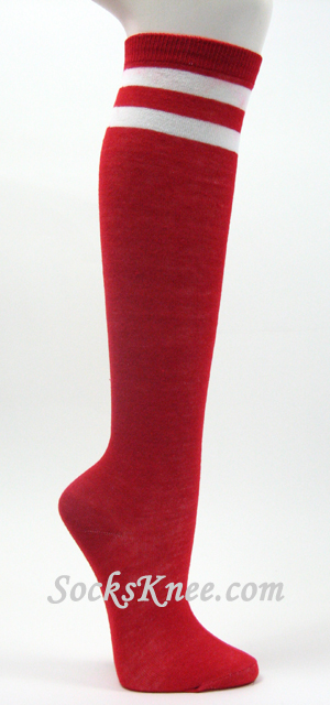 2 White Stripes Red Fashion Knee High Socks - Click Image to Close