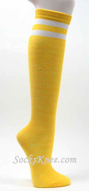 2 White Stripes Bright Yellow Fashion Knee High Socks - Click Image to Close