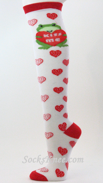 KISS ME White Knee Socks with Frog & Hearts