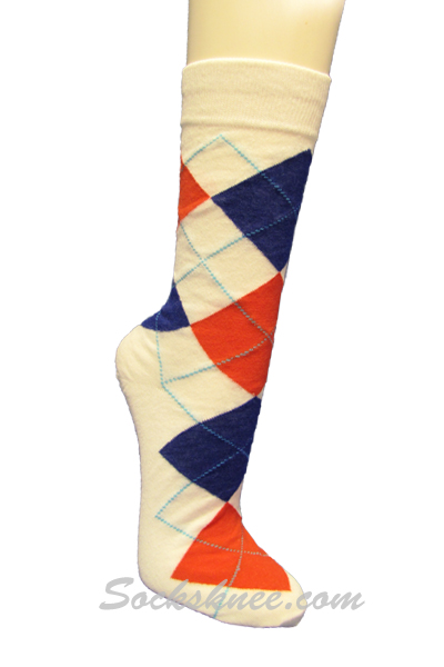White Blue Dark Orange Argyle Mens Cotton Mid-Calf Dress socks