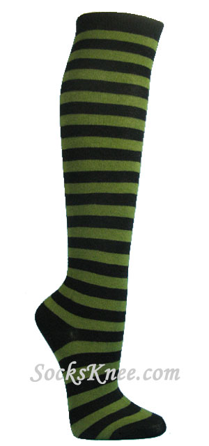 Army Green/Olive Green and black stripe knee womens socks - Click Image to Close