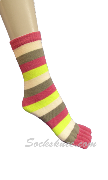 Azalea, Gray, White Women Mid-Calf Striped Toe Socks