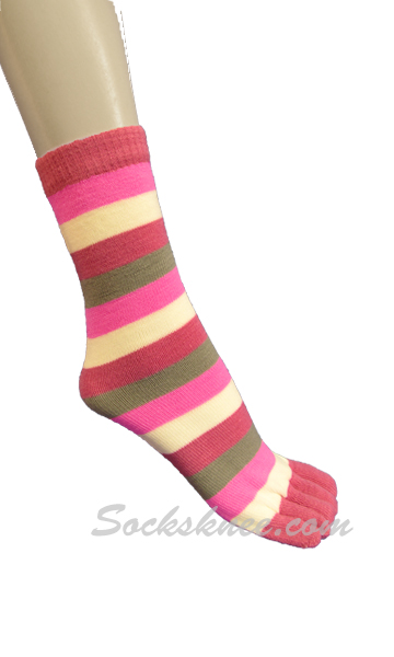 Azalea, White, Neon Pink Women Mid-Calf Striped Toe Socks