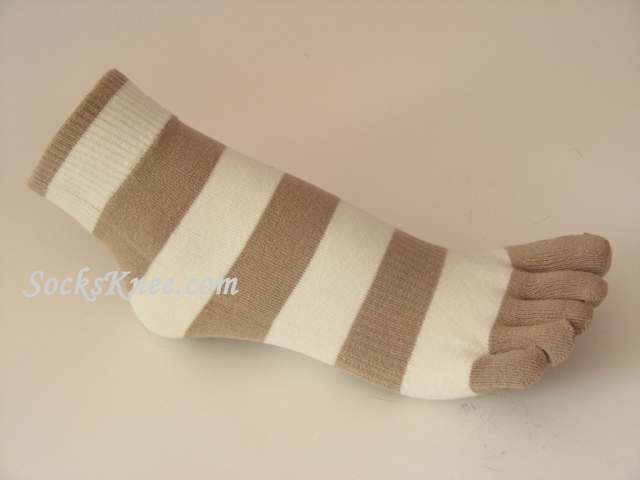 Beige White Striped Toe Toe Socks, Ankle High - Click Image to Close