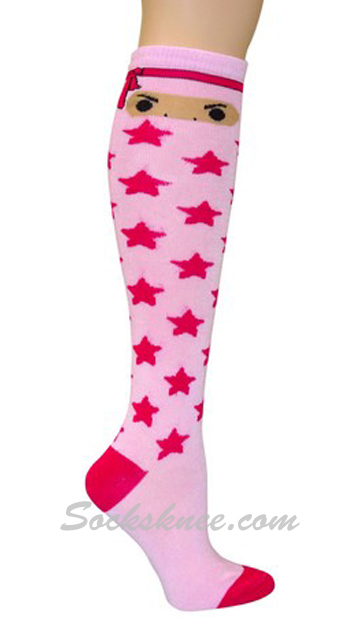 Light Pink Ninja Knee High Socks with Hot Pink Stars