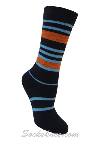 Men's Navy Designed Dress socks with Sky-blue / Orange Stripes - Click Image to Close