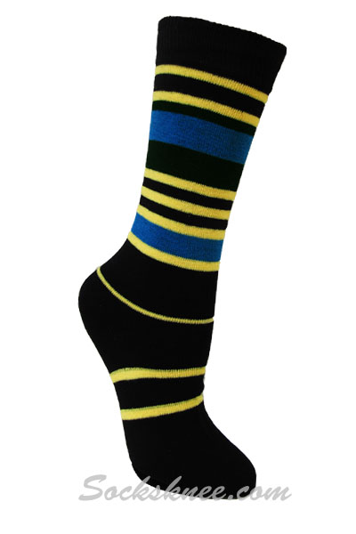 Men's Black Designed Dress socks with Sky Blue / Yellow Stripes