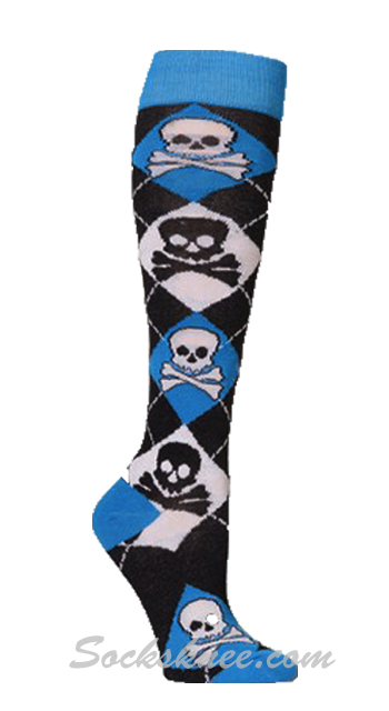 Skulls Black Women Bright Blue White Argyle Knee High Socks - Click Image to Close