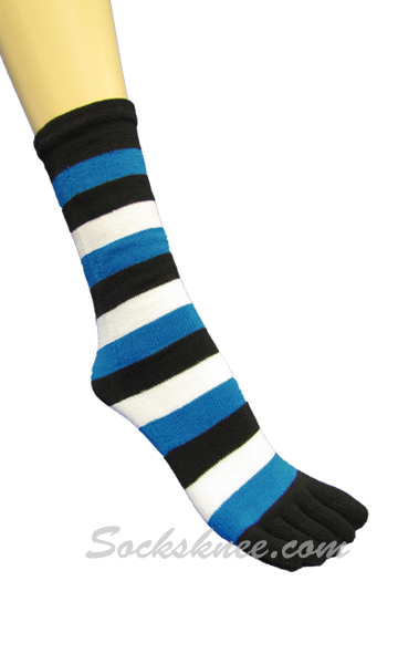 Black/Bright Blue/White Quarter ~ Midcalf Striped Toed Toe Socks