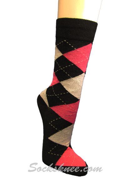 Black Bright Pink Gray Argyle Mens Cotton Mid-Calf Dress socks