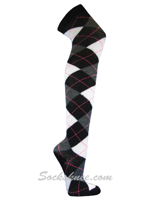 Black Charcoal Whtie Over Knee Thigh High Argyle Socks - Click Image to Close