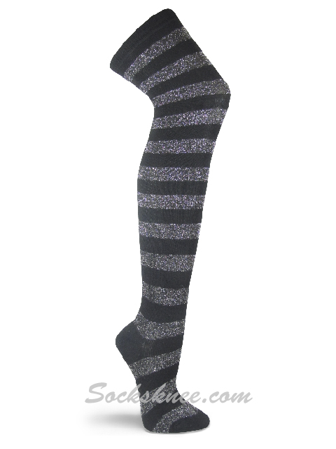 Black / Silver glitter sparkling wide striped Thigh High socks - Click Image to Close