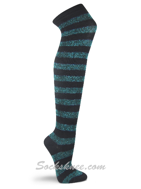 Black / Turquoise Glitter Sparkling Striped over the knee socks - Click Image to Close