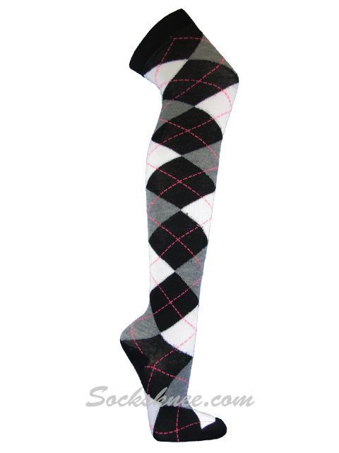 Black Gray White Women Thigh High Argyle Socks - Click Image to Close