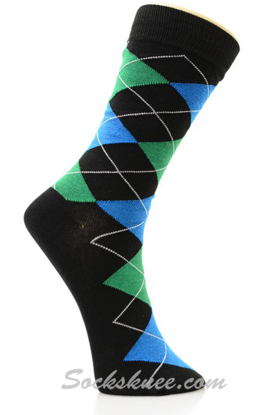 Black Green Sky-blue Argyle Cotton Mid-Calf Dress socks - Click Image to Close