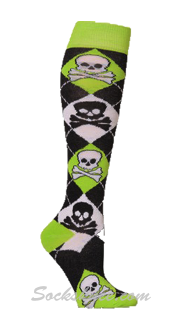 Skulls Black Women Lime Green White Argyle Knee High Socks - Click Image to Close
