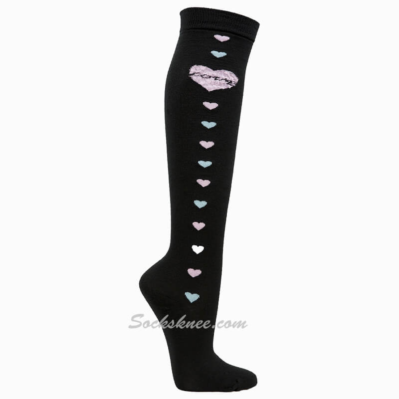 Black Women Cotton High Socks with Lavender Heart and Love