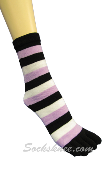 Black,Soft Lilac,White Quarter ~ Midcalf Striped Toed Toe Socks - Click Image to Close