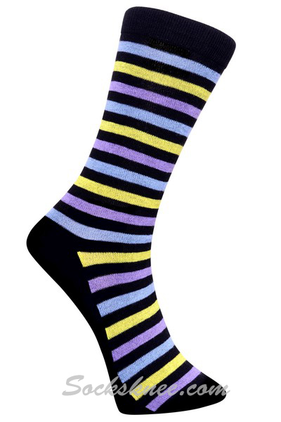 Black Men's Light Blue Yellow Lavender Stripes Dress Socks