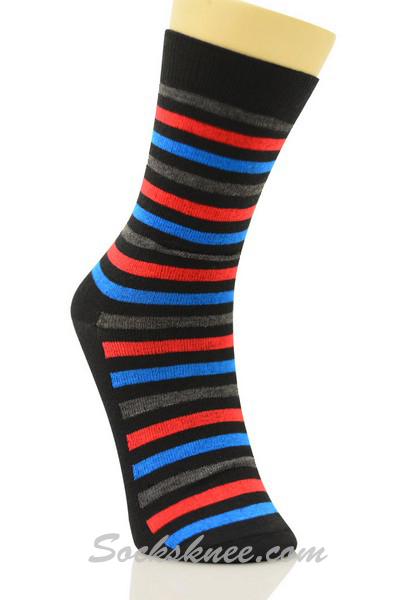 Black Men's Charcoal Red Sky Blue Stripes Dress Socks