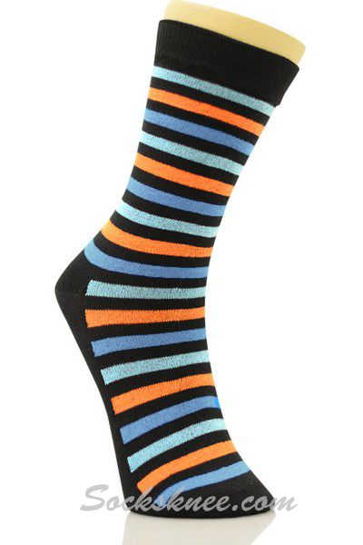 Black Men's Light-blue Orange Light-sky-blue Stripes Dress Socks - Click Image to Close
