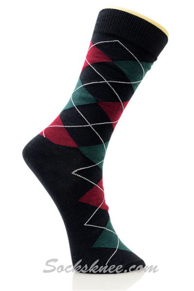 Black olive Red Argyle Cotton Mid-Calf Dress socks - Click Image to Close