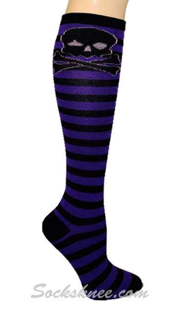 Black Purple Striped Women Skull Socks Knee High