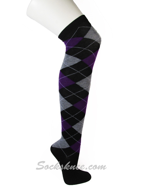 Black with purple gray socks over knee argyle