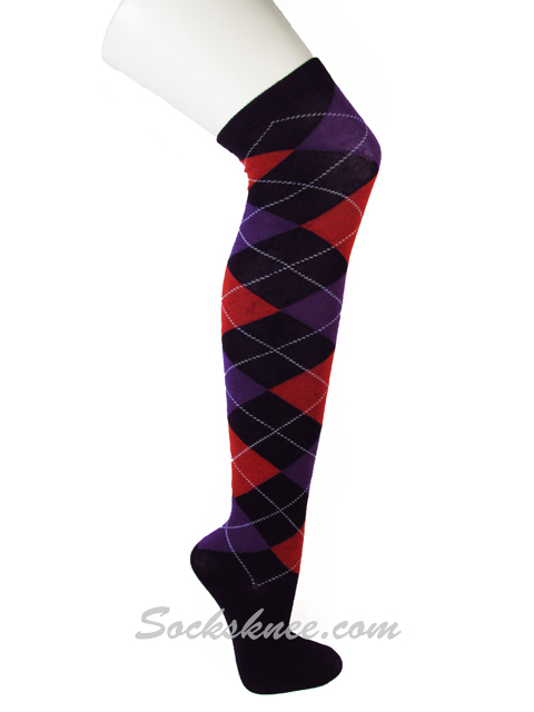 Black Red Purple Over Knee Argyle Thigh High Socks - Click Image to Close