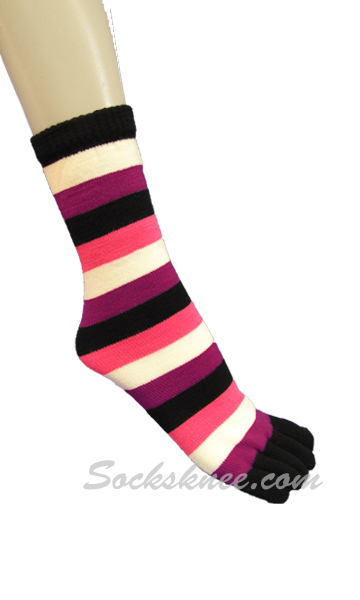 Black, Purple, White, Pink Women Mid-Calf Striped Toe Socks