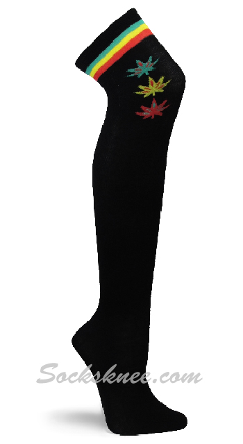 Black With Rasta Striped / Leaves Women Over Knee Socks - Click Image to Close