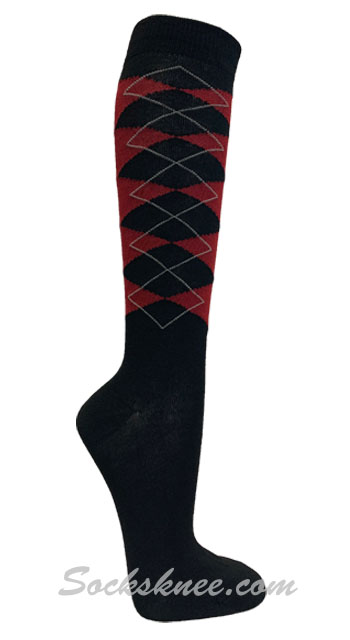 Black / Red Argyle Women knee High Socks