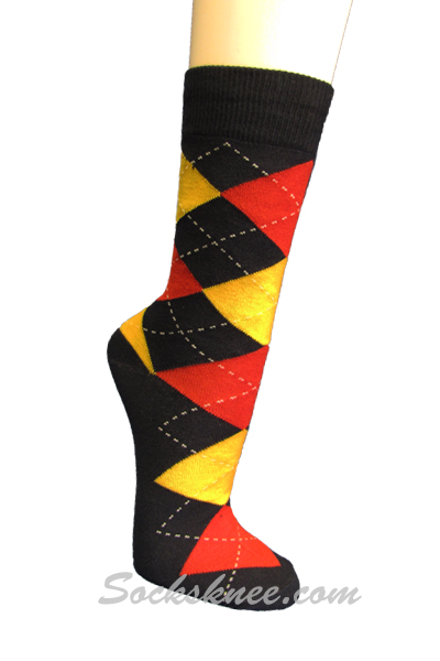 Black Red Yellow Argyle Mens Cotton Mid-Calf Dress socks