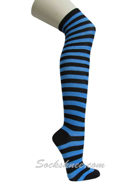 Black and Sky Blue over knee striped Women Fashion Socks - Click Image to Close