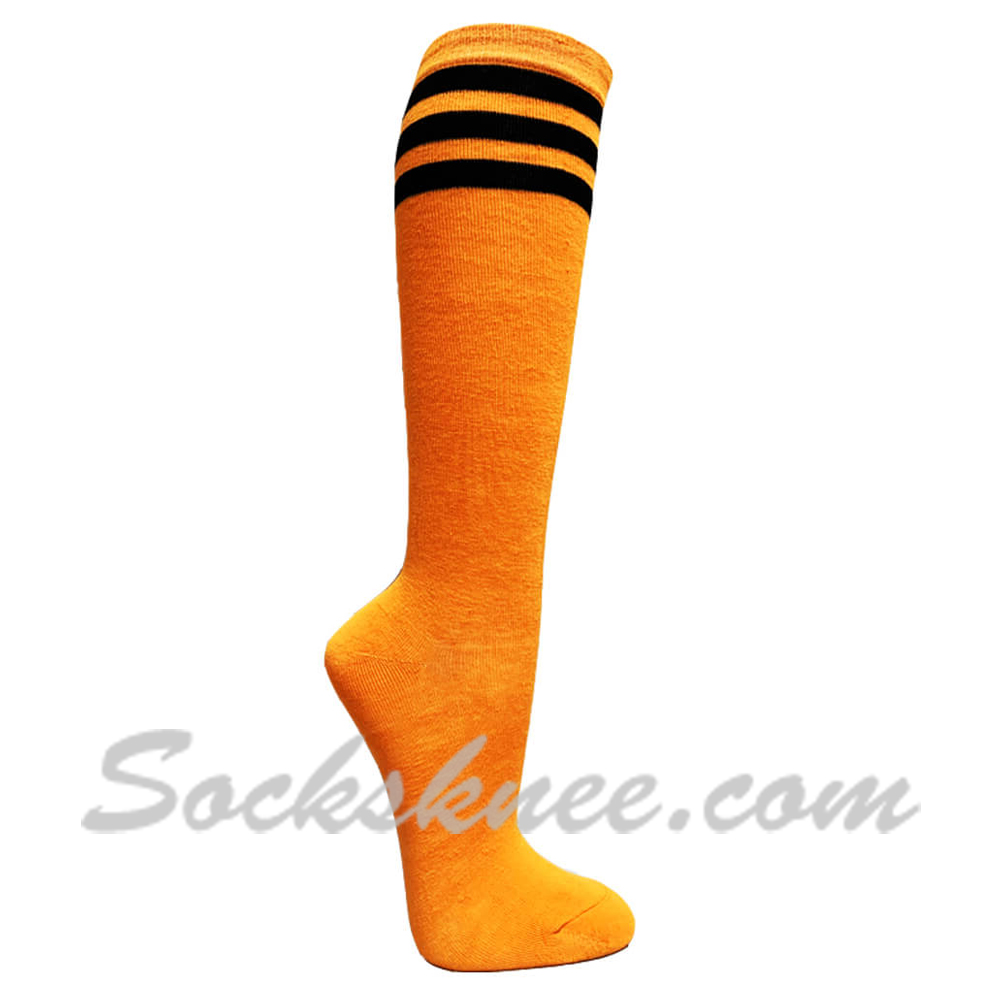 Golden Yellow Triple Black Stripes Women Cotton Knee High Socks