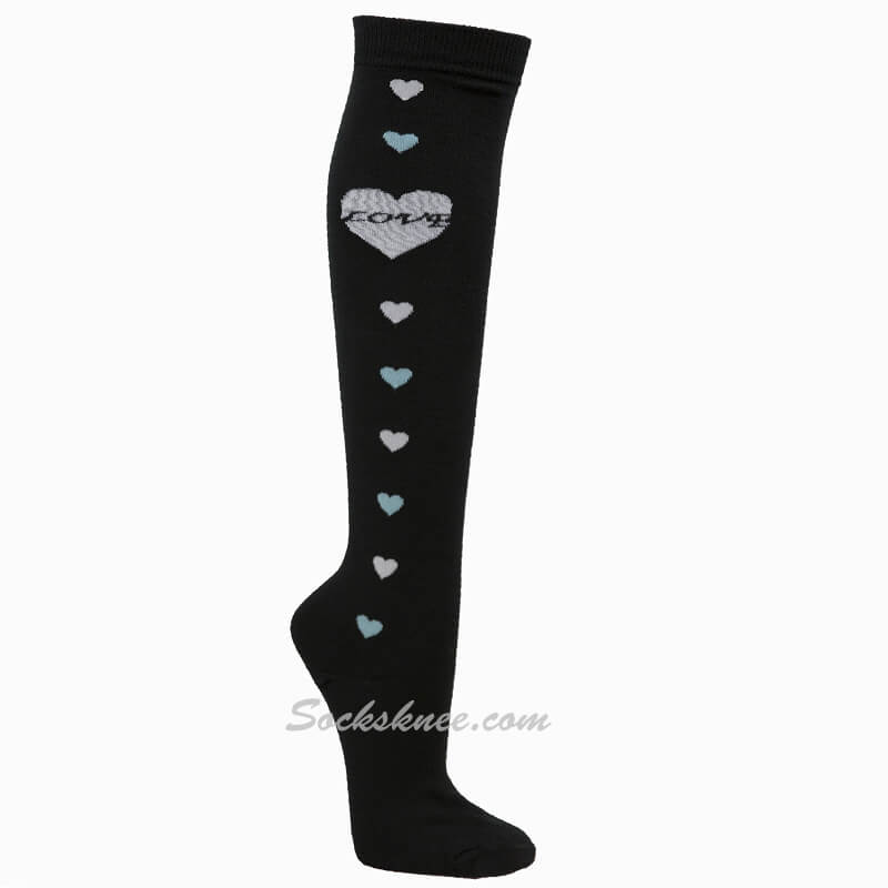 Black Women Cotton High Socks with Light Blue Heart and Love
