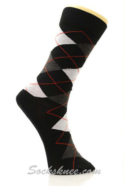 Black White Charcoal Argyle Cotton Mid-Calf Dress socks - Click Image to Close