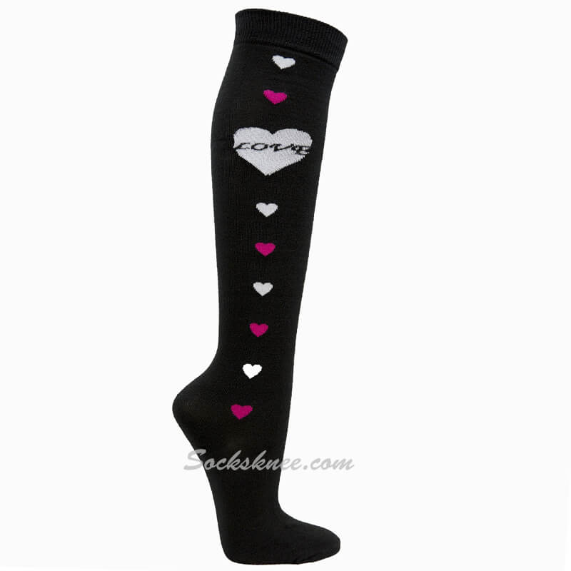 Black Women Cotton High Socks with White, Pink Heart and Love - Click Image to Close