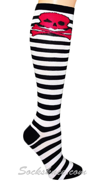 Black White Striped Women Skull Socks Knee High