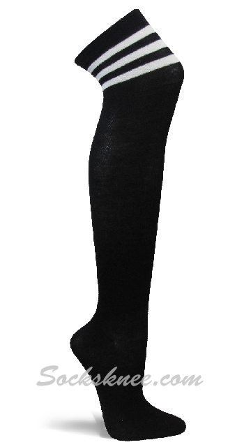 Black with White Triple Stripes Women Cosplay Over Knee Socks