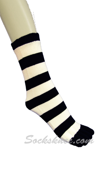 Black, White Women Quarter ~ Mid-Calf Striped Toe Socks - Click Image to Close