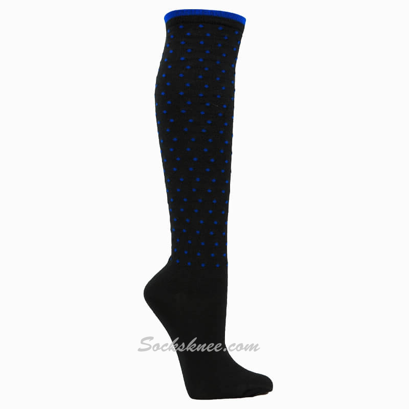 Black with tiny Blue Dots Women Cotton Knee High Socks - Click Image to Close