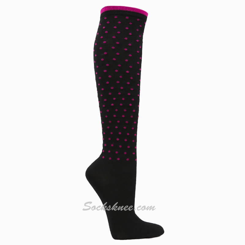 Black with tiny Hot Pink Dots Women Cotton Knee High Socks - Click Image to Close