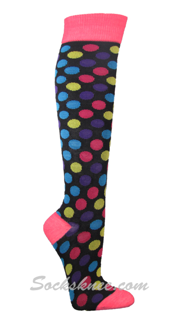 Black / Rainbow Polka Dots Women Knee High Socks