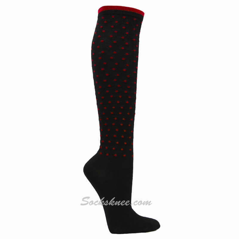 Black with tiny Red Dots Women Cotton Knee High Socks