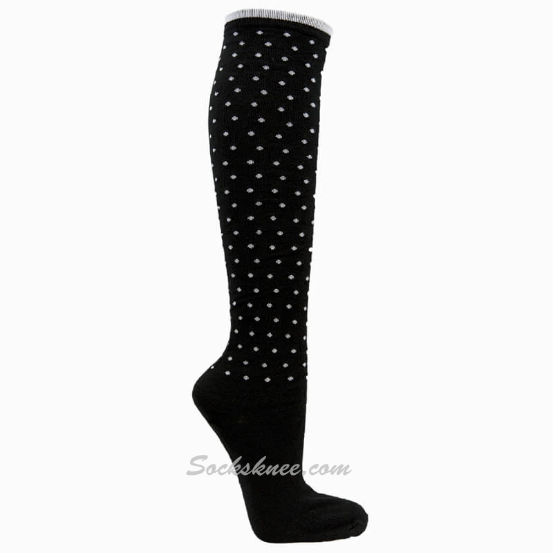Black with tiny White Dots Women Cotton Knee High Socks - Click Image to Close