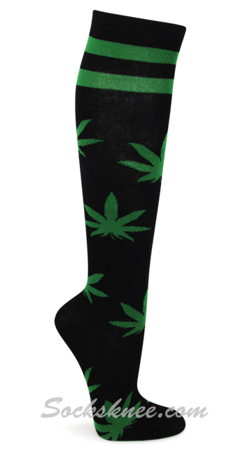 Women's Black Knee High Fashion Socks with Green Marijuana Weed Leaves / Stripes